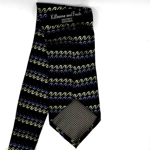 Kilburne and Finch MENS tie -Big & Tall- 68” Long -Black Blue Green Wave-Silk - Picture 4 of 6